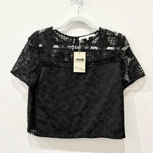 English Rose Short Sleeve Lace Trim Cropped Blouse Top Black Women's Size S